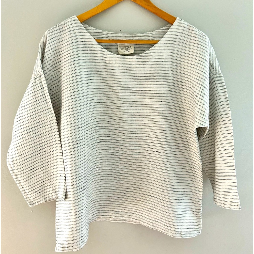 Tiger Owl Handmade Drop Sleeve striped linen shirt- 100% linen Small/Medium